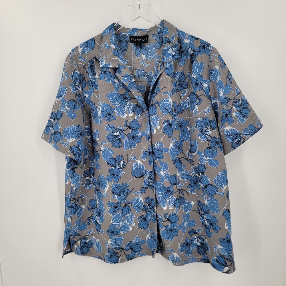 Donnkenny Classics Blouse Womens 2X Floral Blue Gray Button Up Vintage